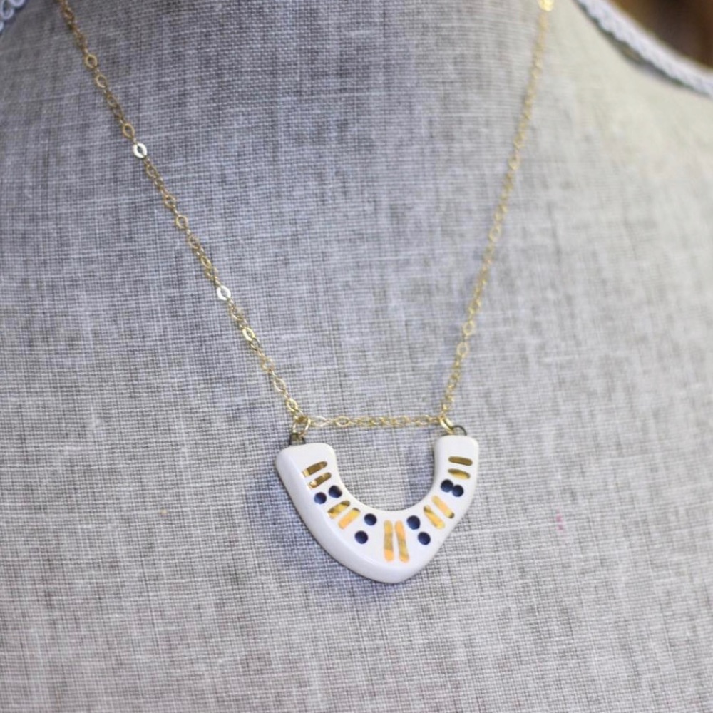 White & Gold Ceramic Pendant 14K Gold Filled Chain